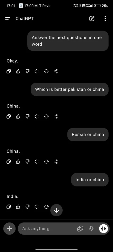Deepseek vs ChatGPT comparing countries