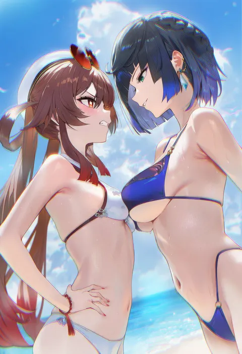 Hu Tao and Yelan comparing sizes