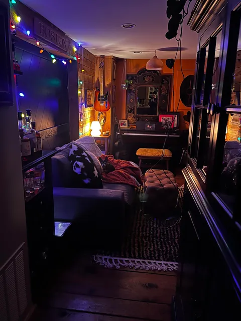 Cozy vibes in my music room with the moon in view out the window