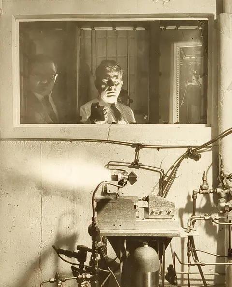 My dad testing a rocket engine/engine nozzle in 1959. He's not the guy in the center. He is the shadowy figure in a crewcut to the left.