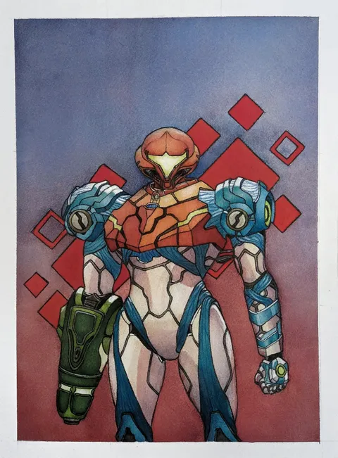 Metroid Dread is amazing, I painted Samus on watercolor.