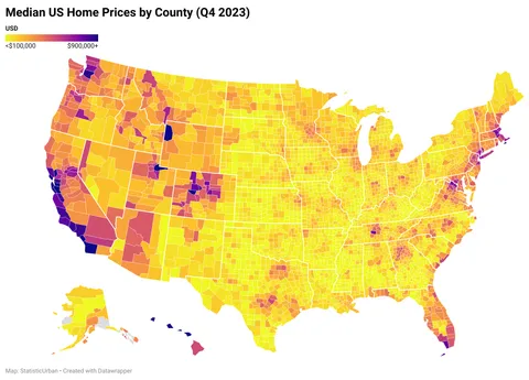 [OC] Median US house prices by county, Q4 2023