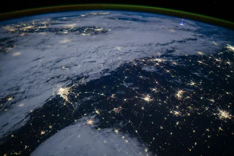 Blue jet-sprite photographed from ISS, details in comments.