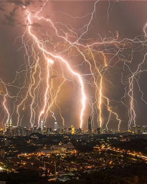 This image is made of 32 shots by photographer Fendy Gan over 40 minutes during a lightning storm in Kuala Lampur. May, 2020