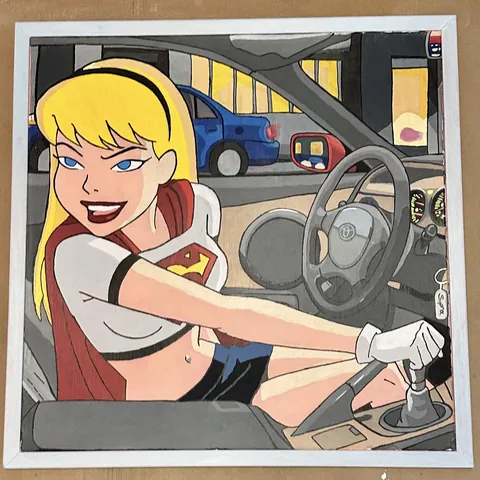Get in Loser, imakeoaintings, acrylic on recycled wooden frame, 2026