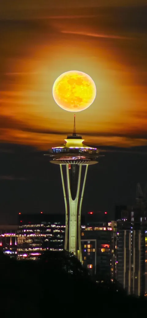 I Captured the Pink Moon Perfectly Balanced Over the Space Needle Last Night.