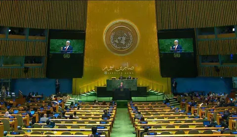 Israeli speech at the UNGA with more than half the hall empty due to delegations leaving .