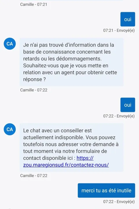 Chatbot du site de transport zou cherche stage en restauration