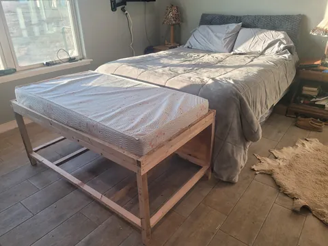 Sheepdog Too Big. Built A Bed To Match Dimensions To Our Queen. Used 100% Recycled Materials. £0 Spent. I Will Build/Install Drawer Tomorrow.