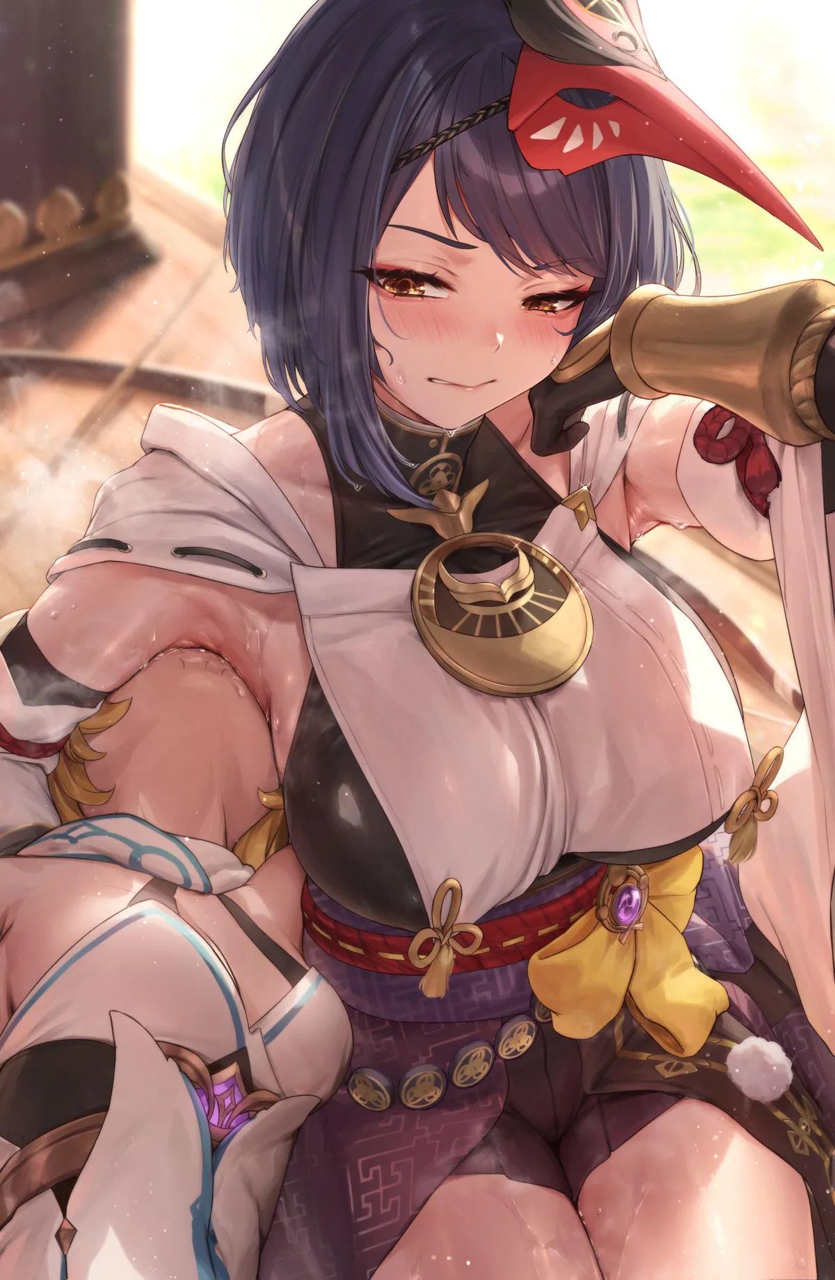 Lumine having a sweaty drink