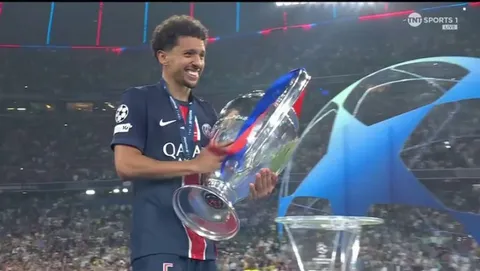 PSG lift the UEFA Champions League trophy