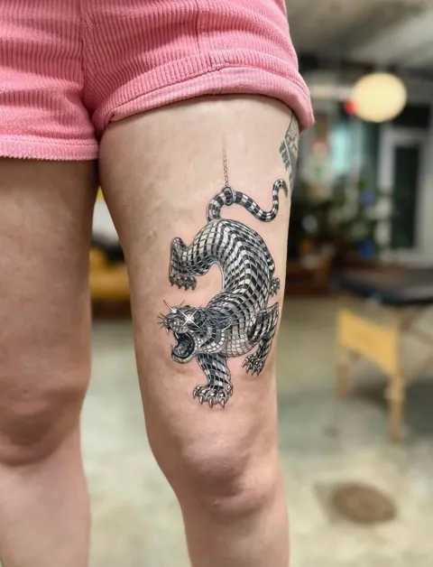 Leg Disco Tiger Tattoo done by @nicotattoo.nyc at Secret Door in New York City, USA