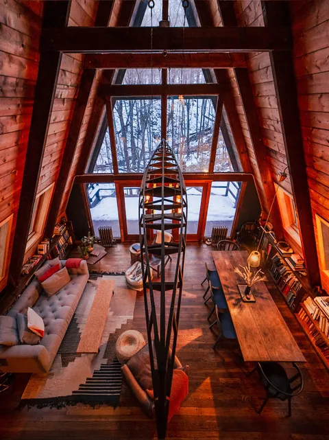 AFrame Living Room with Canoe Chandelier