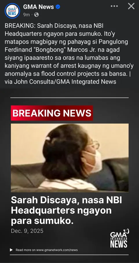 BREAKING: Sarah Discaya, nasa NBI Headquarters ngayon para sumuko. Ito’y matapos magbigay ng pahayag si Pangulong Ferdinand "Bongbong" Marcos Jr. na agad siyang ipaaaresto sa oras na lumabas ang kaniyang warrant of arrest kaugnay ng umano'y anomalya sa flood control projects sa bansa.