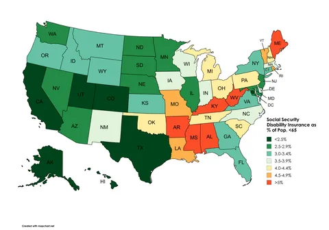[OC] Social Security Disability Insurance Recipients as Percentage of Pop. Younger Than 65 By State (2022)