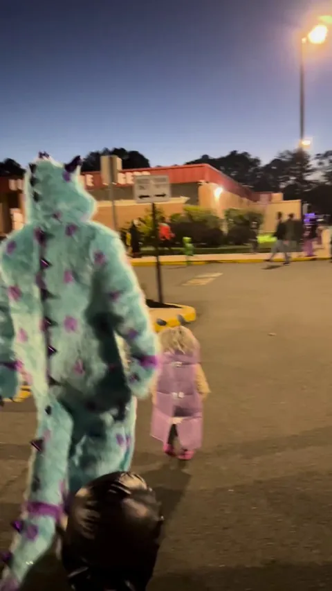 Adorable father and daughter dress as Sully and Boo from Monsters Inc for Halloween.
