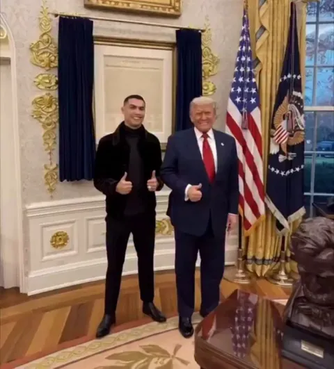 Donald Trump posted an AI video of him and Ronaldo playing football in the Oval Office on his official Instagram account