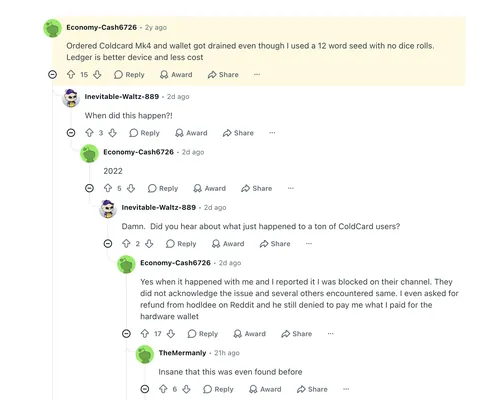 I found a thread from 2022 where several Cold Card owners had their wallets drained. They were blocked by Cold Card for raising the issue.