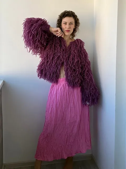What do you think about this color combination: an eggplant shaggy cardigan and a hot pink skirt? Or should I pair this eggplant shaggy cardigan with more subdued colors? By the way, I knitted this shaggy cardigan.