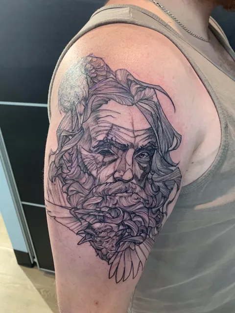First tattoo finally. Odin and his two ravens. By Merv Heiner @ Black Lotus Tattoo in Hanover, MD