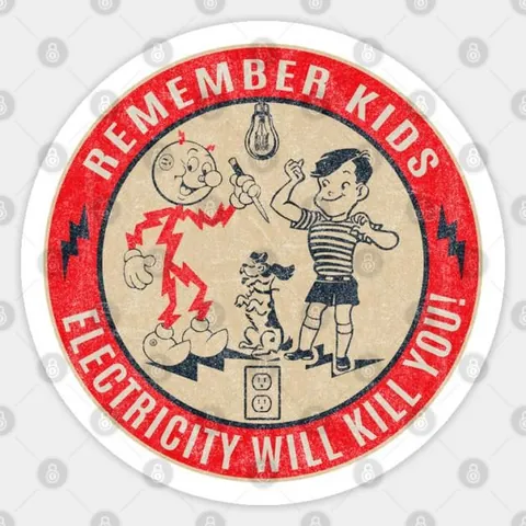 In the 1970s "Reddy Kilowat" was a cartoon character spokesman for the power industry that tried to teach children about the dangers of electricity. Here he is showing kids exactly that but using a knife.
