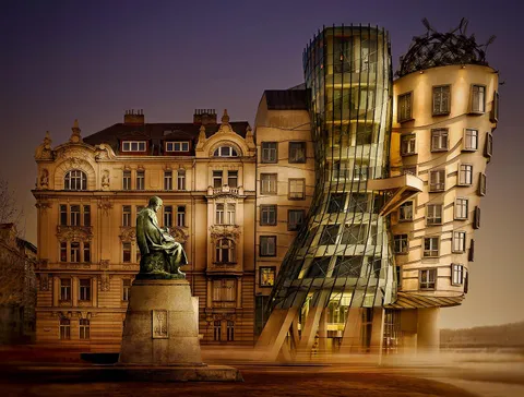 Long exposure shot of The Dancing House, Prague. Architect: Frank Gehry.