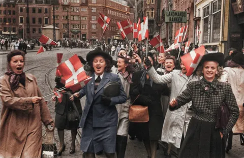 80 years ago today, Danish people celebrating the end of the war in Strøget, near Copenhagen - May 5, 1945