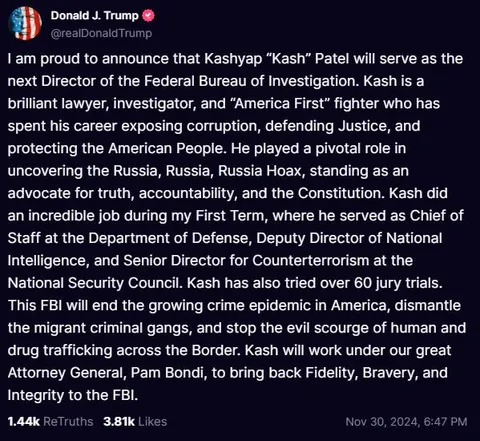 It’s over for the Deep State. Kash Patel has been picked to be the next FBI Director 