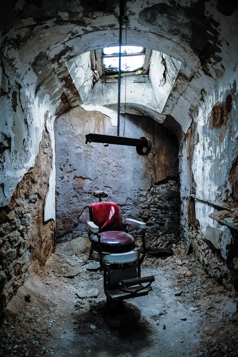 A dental chair from a room at Eastern State Penitentiary, considered to be one of the most haunted places in the U.S.A. 