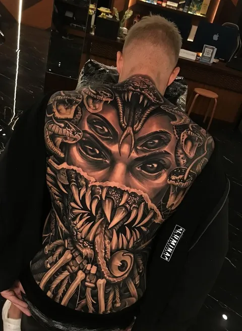 Medusa full back Dodepras at Lumina tattoo studio Bali