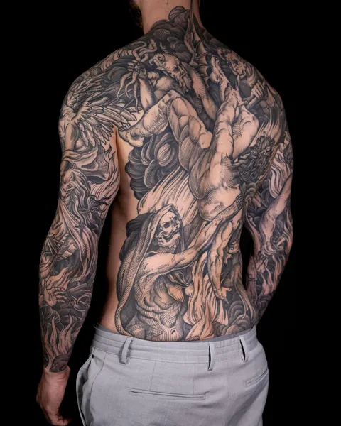 HELL, arms and back tattoo made in 2022 by me, Maud DARDEAU. Bordeaux, France.