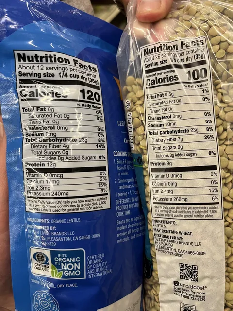 One bag of lentils has 50% more protein than the other