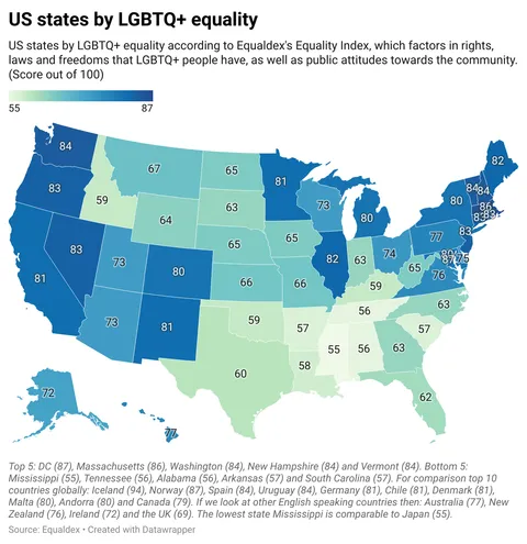 [OC] US states by LGBTQ+ equality
