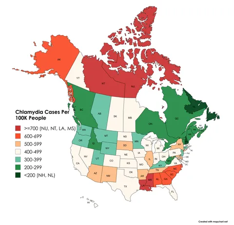 [OC] Chlamydia Cases Per 100K People by State and Province