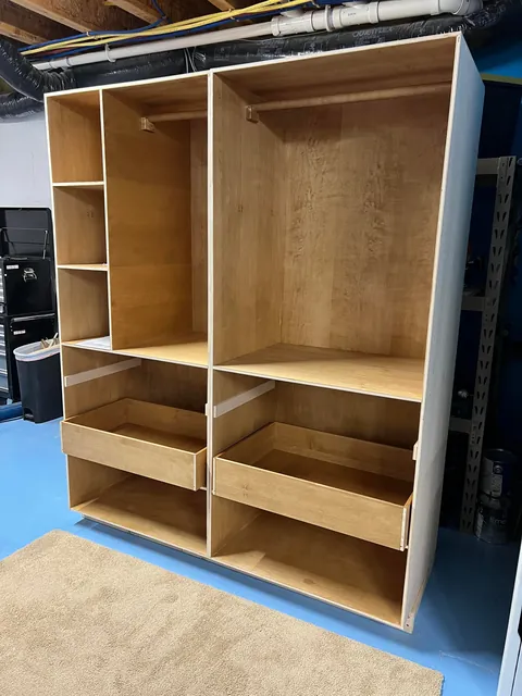 I made custom master closet built-ins with maple and maple plywood, LED lighting