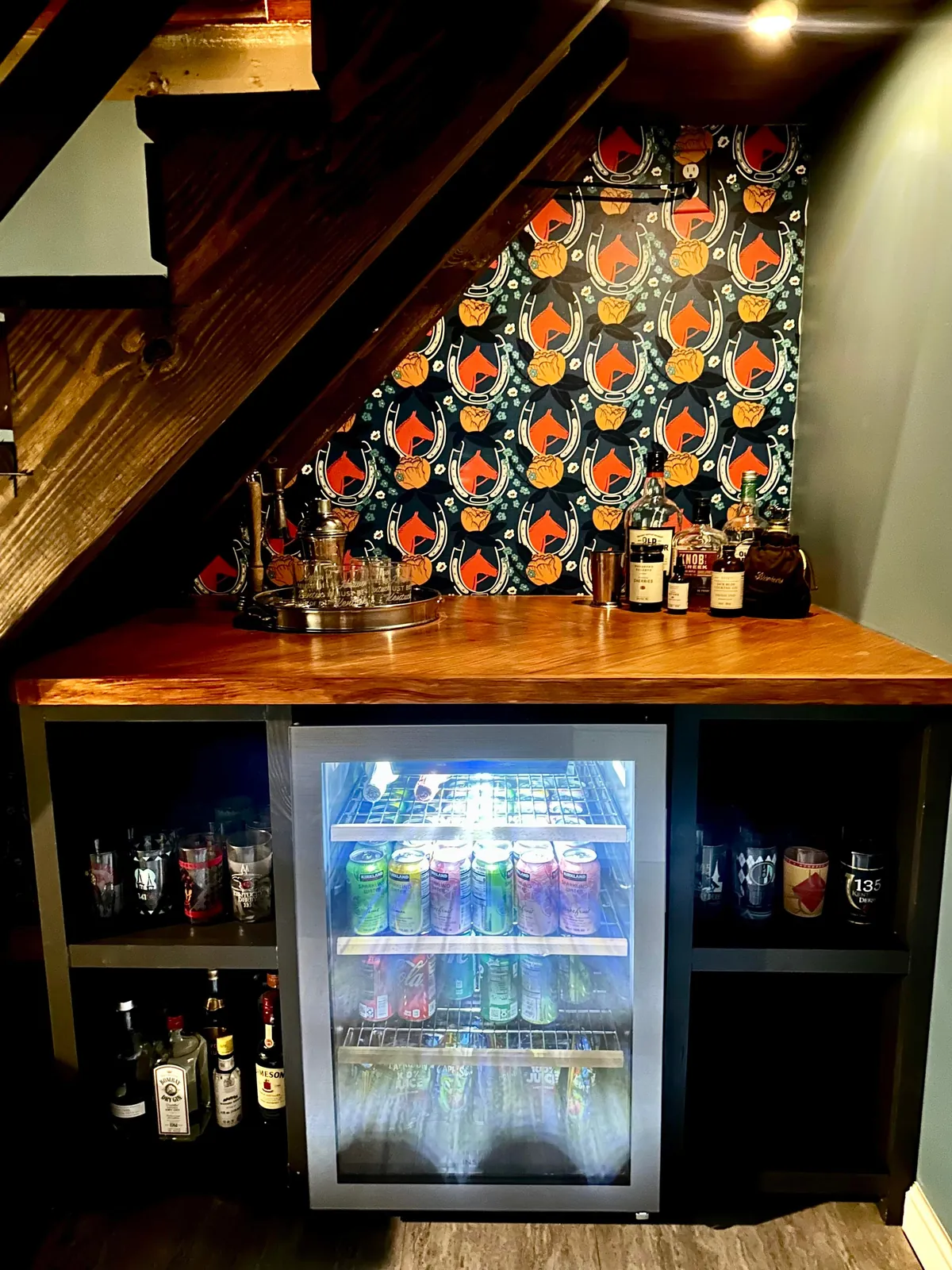 First real furniture building project. Wanted a cabinet/bar in this small space under our basement stairs. Pretty happy with the results!
