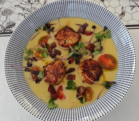 Corn Bisque and Seared Scallops with Crispy Guanciale 