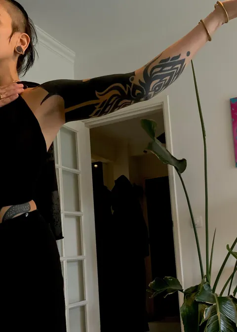 Blackwork sleeve in progress by Pol in Amsterdam, The Netherlands at Hachi Ink