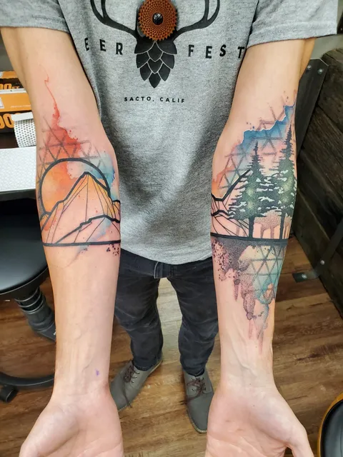 My first tattoo(s). Geometric/Forest/Nature theme. By Justine Nordine @ The Raw Canvas in Grand Junction, CO.