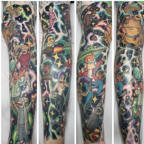 Futurama theme half leg sleeve tattoo by James Mullin at Lotus Tattoo, Hemet, CA