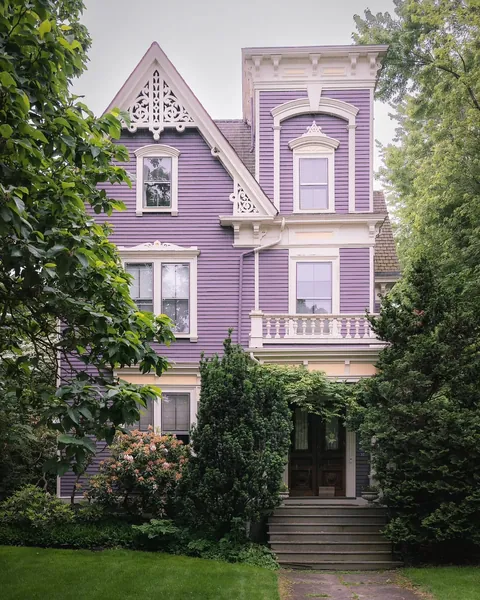 Lavender-colored Victorian house in the Avon Hill Historic District, Cambridge, Massachusetts.