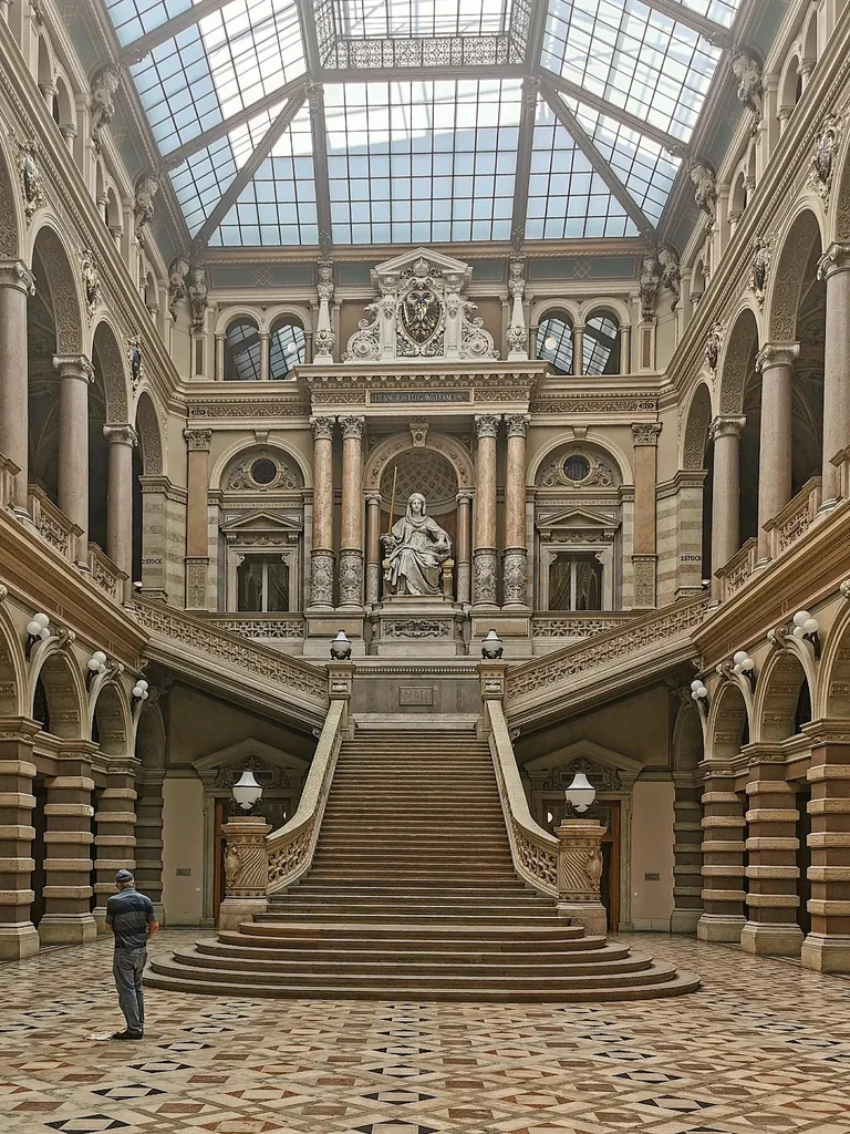 Grand staircase in the late 19th-century Neo-Renaissance Justizpalast(Palace of Justice), the seat of the Supreme Court in Vienna, Austria.