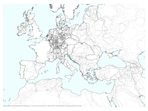1000 years of national borders in Europe, overlaid on one map. [OC]