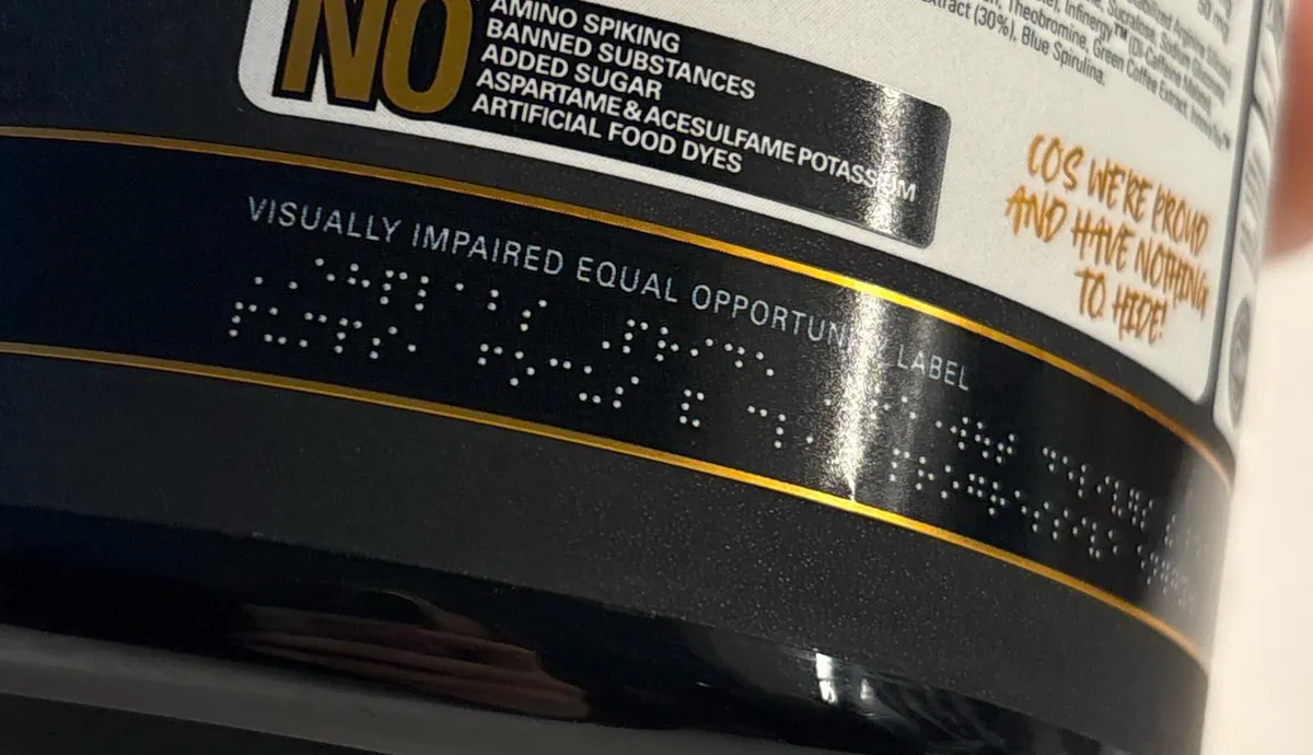 Ordered supplements. The “equal opportunity” brail label is just text, so blind people can’t read it.
