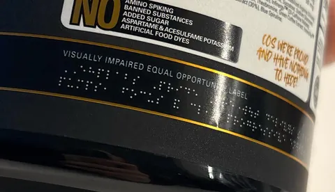 Ordered supplements. The “equal opportunity” brail label is just text, so blind people can’t read it.