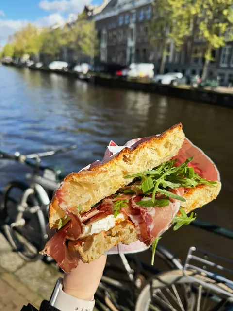 [i ate] italian sandwich in amsterdam: capocollo. homemade sourdough schiacciata, capocollo di martina franca, mozzarella di bufala, red pesto, rucola and evo
