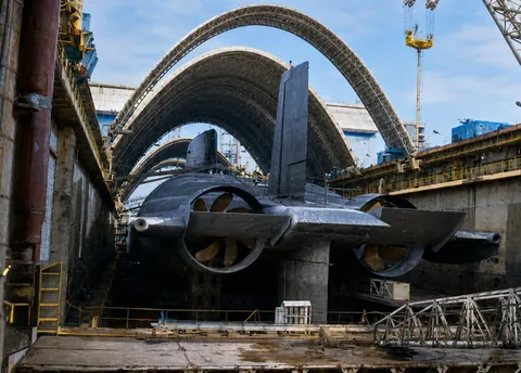 Soviet Typhoon class submarine under construction. Severodvinsk, USSR (1980) [Colorized]