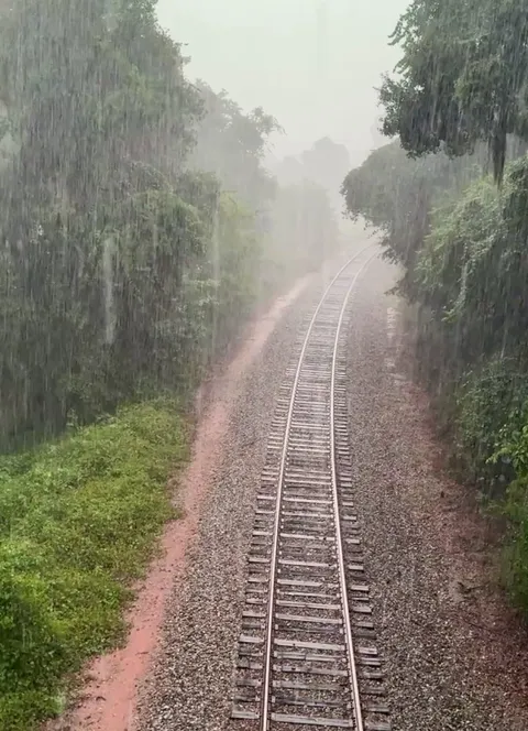 Heavy rain over the train tracks