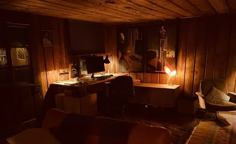 morning sun hitting my wood-paneled home office