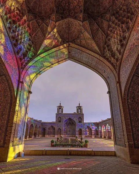 The Nasir al-Mulk Mosque, also known as the Pink Mosque, built between 1876 and 1888 in Shiraz, Iran, during the Qajar dynasty.